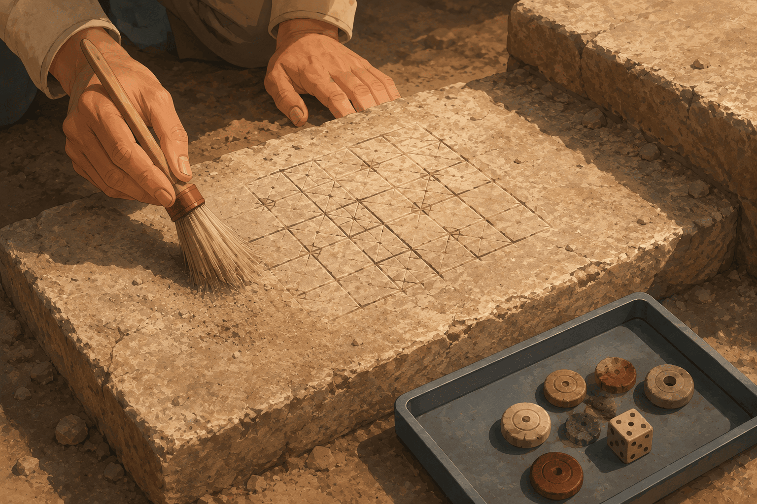 A close-up of an archaeologist's hands with a soft brush, sweeping pale dust away from a shallow game grid carved into an ancient stone step, the incised lines emerging crisply from the surface. Beside the step sits a finds tray holding a few worn gaming pieces and a small bone die. Warm site lighting, shallow depth of field, flat modern illustration style with soft red and blue accents, hushed discovery mood.