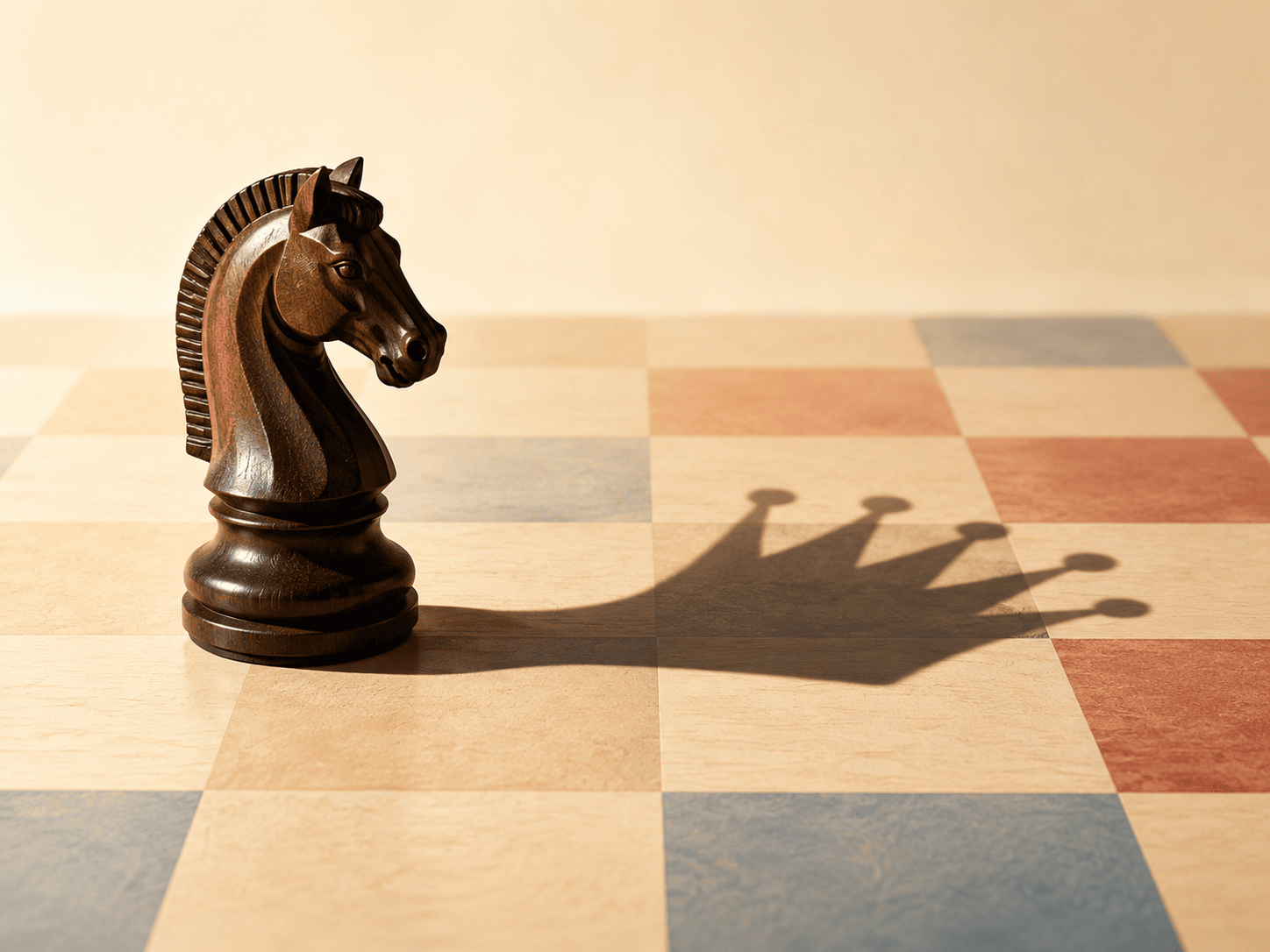 A single elegant chess knight piece in dark wood standing on a light board, dramatically side-lit so that it casts a long shadow across the squares - and the shadow is shaped like a royal crown. Minimalist composition, warm light background, soft red and blue accent tones in the board squares, calm and iconic mood.