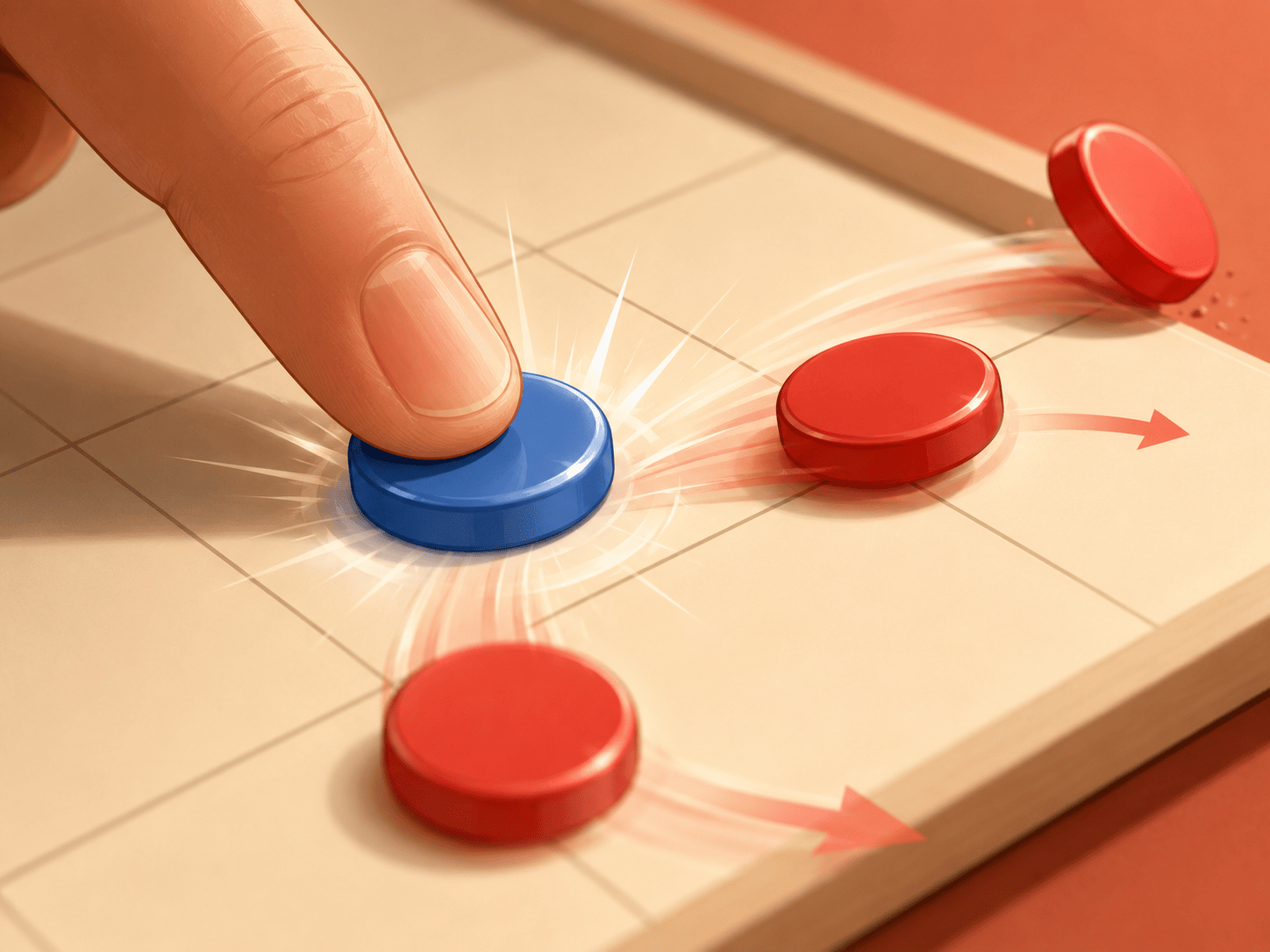 A dramatic close-up of a fingertip pressing a glossy blue game piece down onto a minimalist board square, at the exact moment of impact: three adjacent red pieces caught mid-slide away from it with smooth motion arcs and faint speed lines, one tipping slightly near the board's edge. Shallow depth of field, warm light, flat modern illustration style with soft red and blue accents, kinetic and satisfying mood.