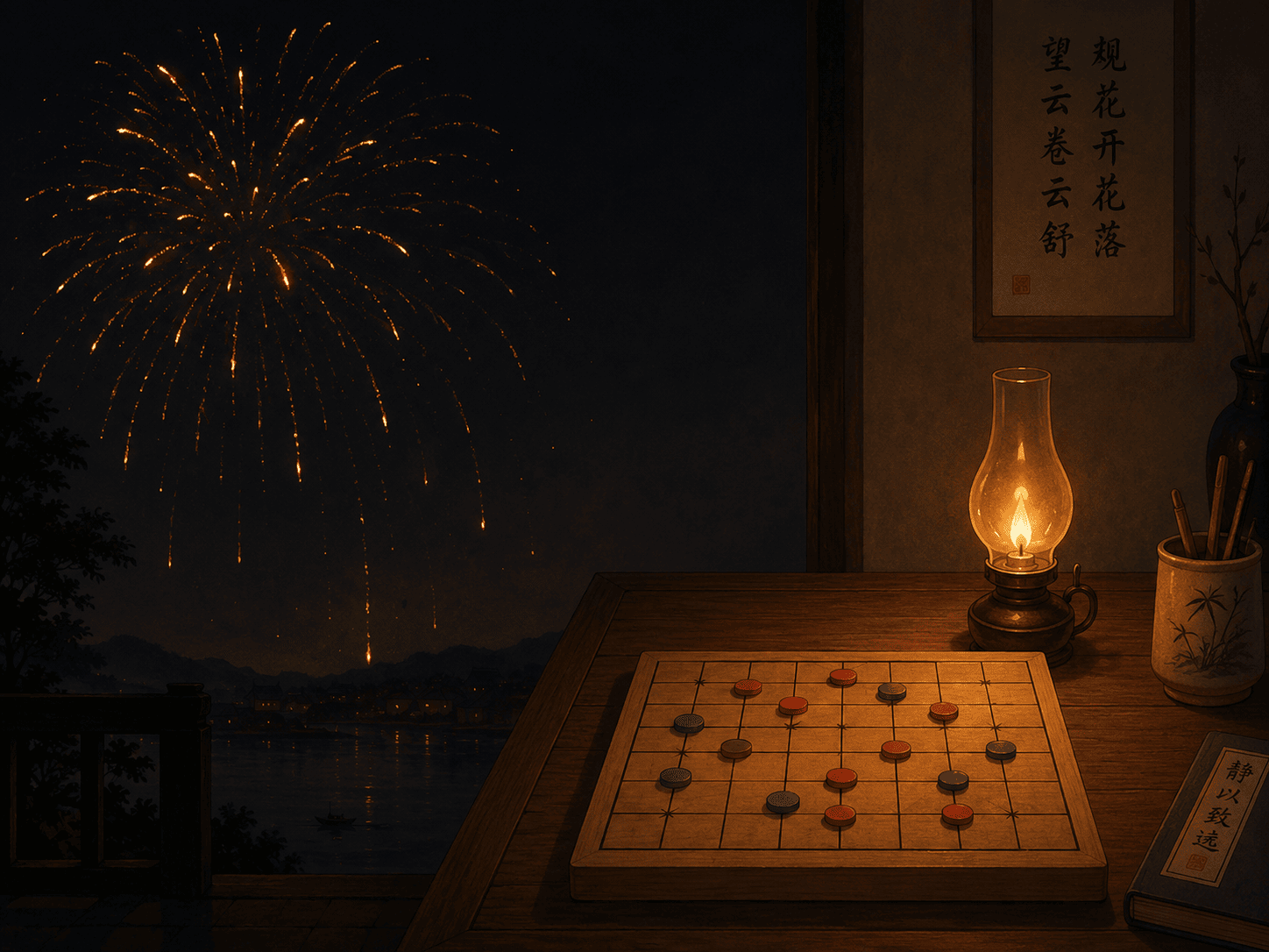 A night table scene on a warm dark background: to the left, a spectacular firework burst mid-fade, its sparks beautiful but visibly dimming and falling; to the right, a small steady oil lamp on a wooden game table beside a simple grid board with red and blue pieces, its calm flame lighting the board evenly. Flat modern illustration style with soft red and blue accents, contemplative mood contrasting spectacle and steadiness.