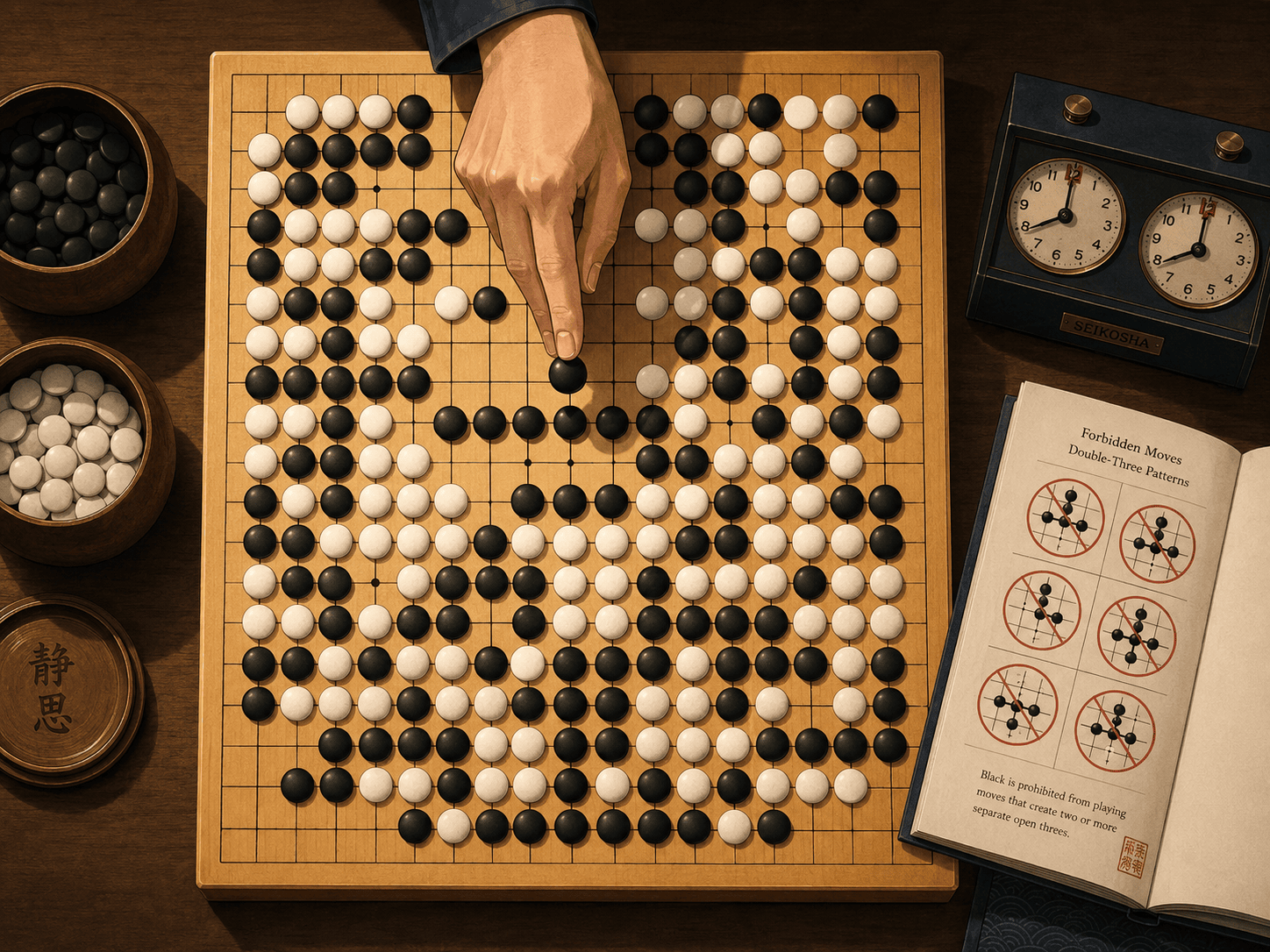 A dramatic overhead view of a Go board dense with black and white stones, where a line of five black stones is just being completed, the fifth stone held mid-placement between two fingers. Beside the board sit a vintage tournament clock and a small open rulebook with tiny diagrams of forbidden double-three patterns marked with red prohibition circles. Warm focused lighting, serious tournament atmosphere, flat modern illustration style with soft red and blue accents.
