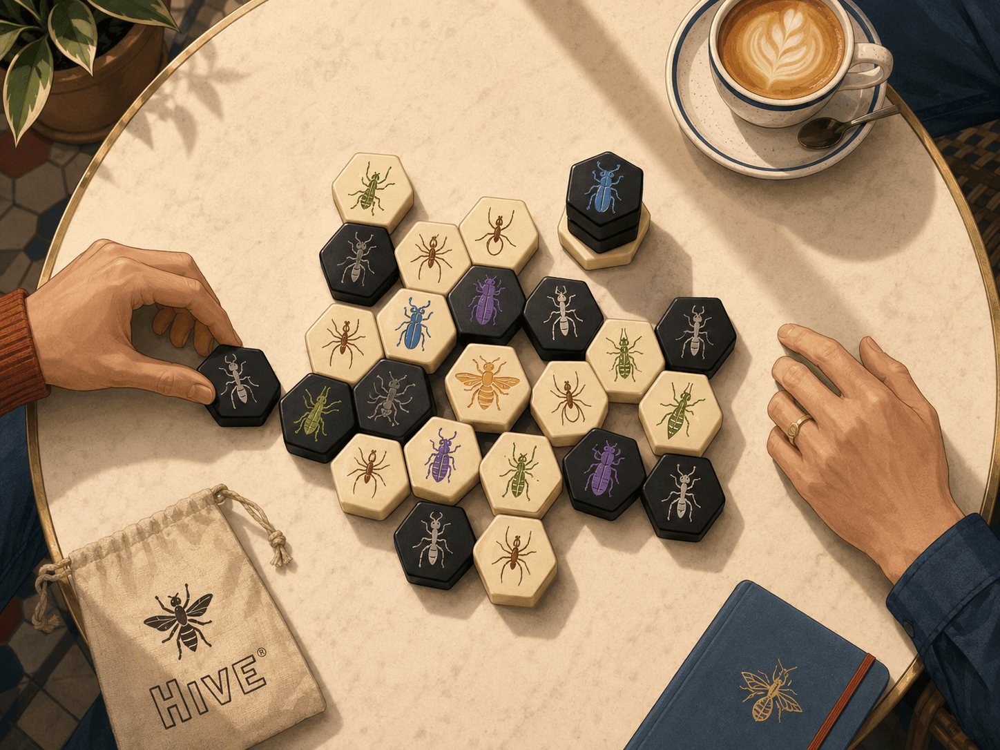 An overhead view of a Hive game in progress on a small round café table, warm afternoon light, a cup of coffee at the edge. Two dozen chunky hexagonal tiles in cream and charcoal sprawl in an organic connected swarm, each printed with a clean minimalist bug icon - a golden queen bee near the center partly encircled, black soldier ants at the perimeter, a beetle tile stacked on top of another tile casting a small shadow. Two hands reach in from opposite sides, one about to slide a tile around the swarm's edge. Flat modern illustration style with warm cream tones and soft red and blue accents, cozy and quietly tense mood.