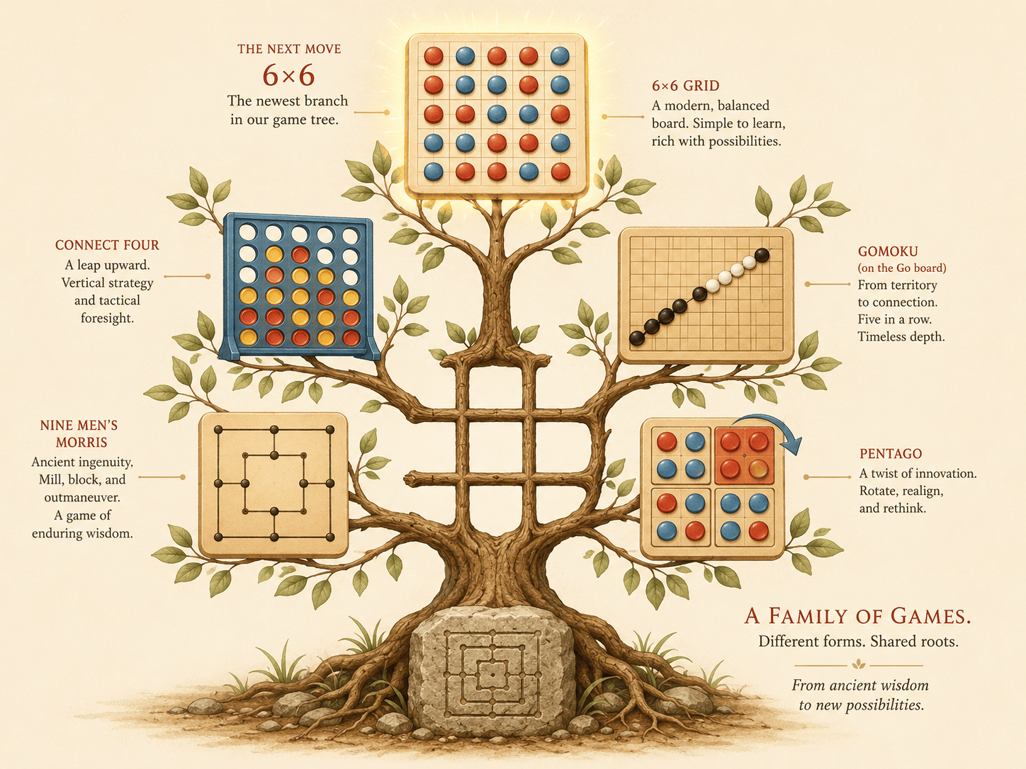 A stylized family-tree illustration on a light background. At the roots, a weathered stone carved with a morris grid pattern. The trunk is a simple tic-tac-toe grid. Branches spread upward bearing different game boards as leaves: a Connect Four grid with discs, a Go board dotted with a long line of stones for Gomoku, a Nine Men's Morris board, a twisting Pentago-style board with a rotation arrow, and at the newest topmost branch, a glowing minimalist 6-by-6 board with red and blue round pieces. Warm flat illustration style, soft red and blue accents, gentle educational mood.