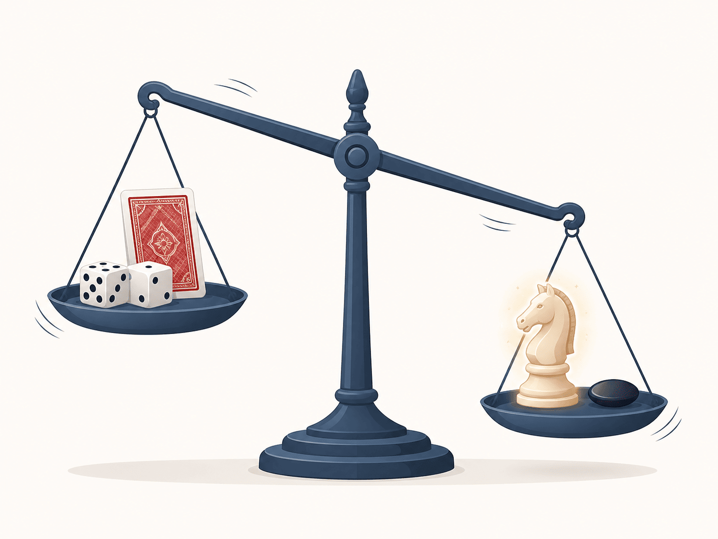 A classic two-pan balance scale on a clean light background. The left pan holds a pair of white dice and a face-down playing card; the right pan holds a glowing chess knight and a single Go stone. The scale tips visibly toward the right pan, the skill side, which sits lower. Small motion lines suggest the tipping. Flat minimalist illustration with soft red and blue accents matching a modern strategy game website.