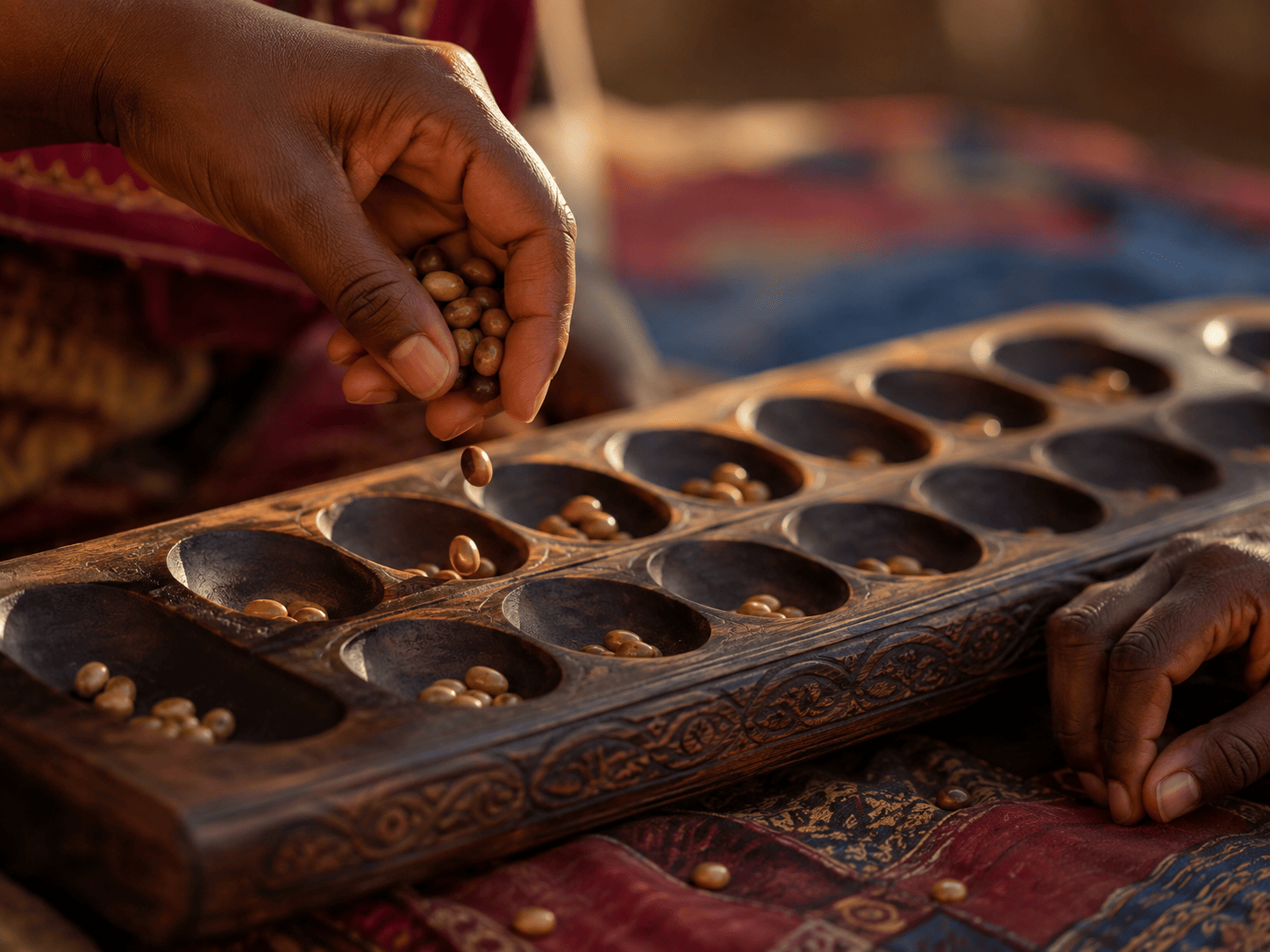 A warm close-up of two hands playing mancala on a beautifully carved dark wooden board with two rows of polished pits. One hand is mid-sow, dropping small gleaming seeds one by one into successive pits, a few seeds still cupped in the palm; the other rests at the board's edge. Scattered seeds catch soft golden late-afternoon light. Shallow depth of field, warm wood tones with soft red and blue accents in the background cloth, intimate and timeless mood.