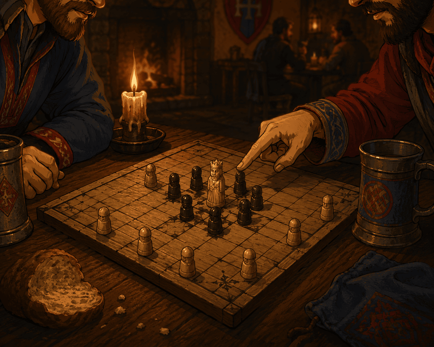 A candlelit medieval tavern table seen at close range: a worn wooden tafl board mid-game, a carved king piece surrounded by dark attacker pawns near the center, lighter defender pieces nearby, two tankards and a heel of bread beside the board. Two players lean in from the edges of frame, hands visible, one pointing at the king. Warm firelight, deep shadows, flat modern illustration style with soft red and blue accents, cozy and absorbed mood.
