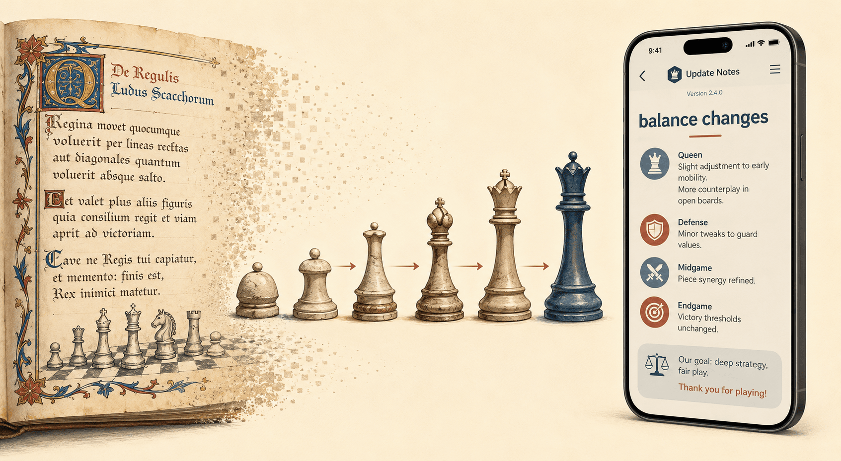 A single sweeping image on a warm cream background: on the left, an illuminated medieval manuscript page with hand-inked game rules and a small marginal drawing of chess pieces; the page's text visibly dissolves midway across the frame into a modern smartphone screen on the right showing a game app's update notes reading 'balance changes'. Between the two, a procession of small chess queens grows from a squat ancient piece to a tall modern one. Flat modern illustration style with soft red and blue accents, thoughtful mood about continuity.