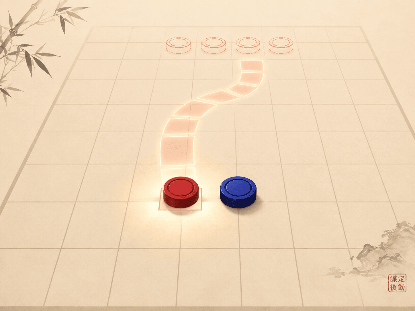 A dramatic minimalist board scene: a single red game piece stands deliberately on a square in the open, offered like bait, with a subtle spotlight on it. An eager blue piece looms adjacent, poised to capture. Behind the offered red piece, a faint glowing path of squares curves across the board toward a winning formation of red pieces sketched in soft outline - the hidden plan the sacrifice funds. Warm light background, flat modern illustration style, site red and blue accents, mood of quiet cunning.