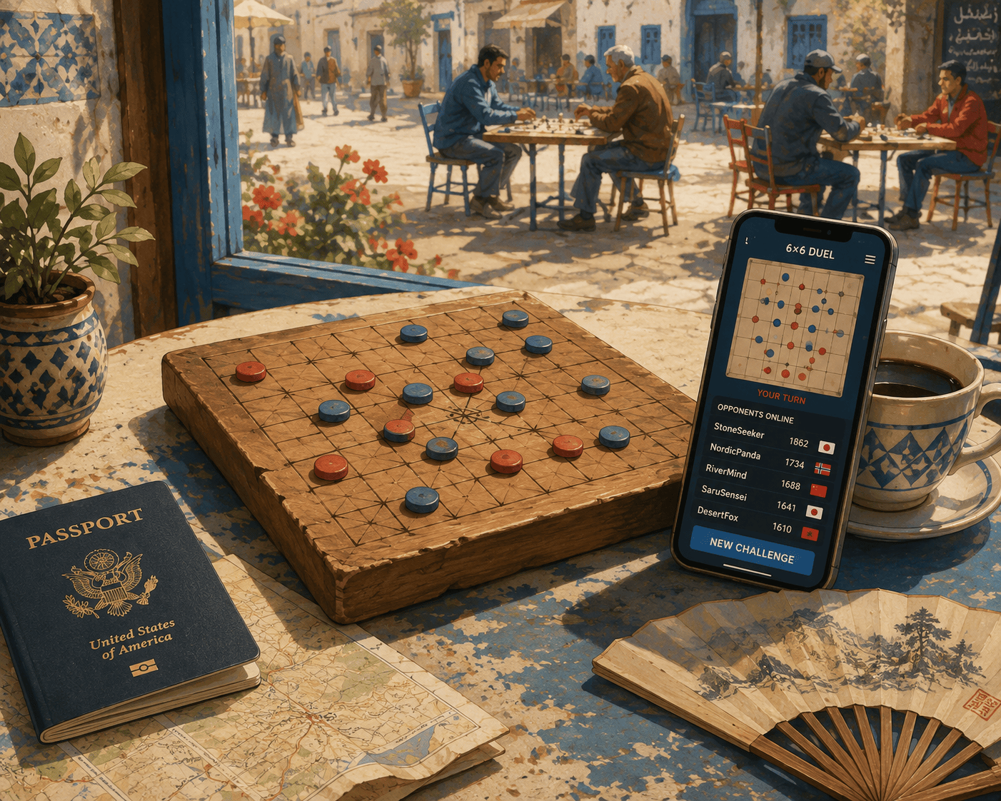 A sunlit cafe table abroad holding a well-worn local strategy board mid-game, a passport and small coffee cup beside it, a folded paper map under one corner. Propped against the cup, a phone glows with a game lobby showing a minimalist 6-by-6 duel and a list of opponents with small country flags. Through the window behind, a plaza with distant figures at public game tables. Flat modern illustration style with soft red and blue accents, wanderlust-and-play mood.