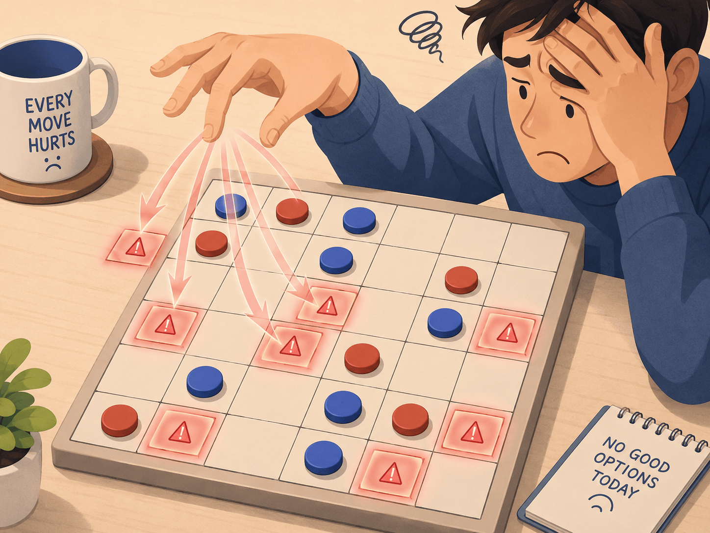 A player's hand hovering hesitantly over a minimalist 6-by-6 board with red and blue round pieces. From the hovering hand, several faint ghost arrows extend to different empty squares - and every single destination square glows a warning red, each marked with a small subtle hazard tint. The player's other hand is pressed to their forehead. Warm light background, flat modern illustration style with soft red and blue accents, mood of gentle comic despair.